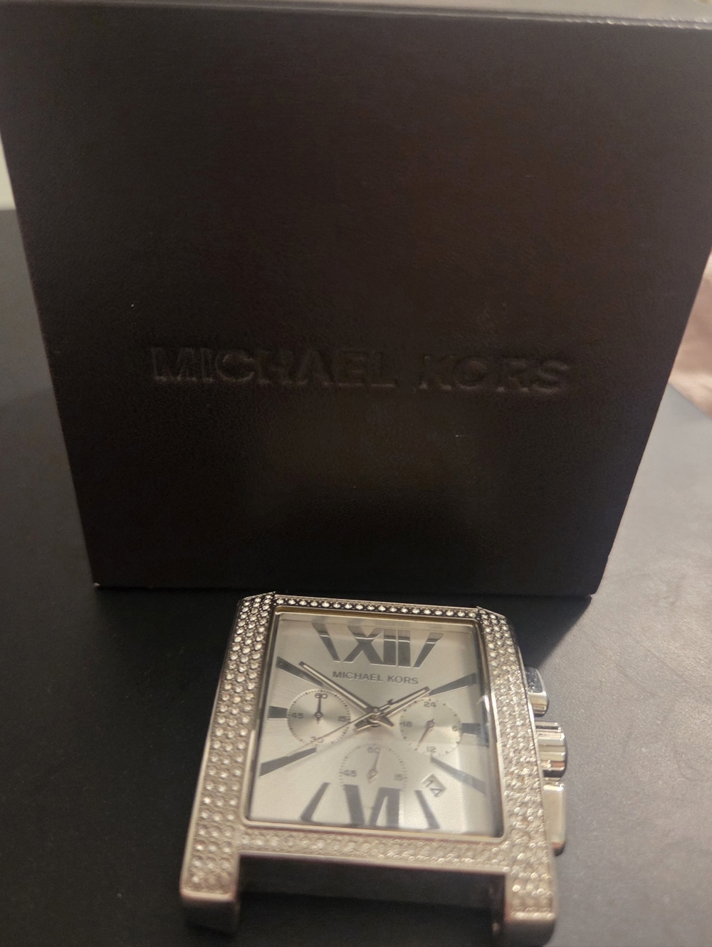 Michael Kors Silver Crystal-Studded Rectangular Watch Head